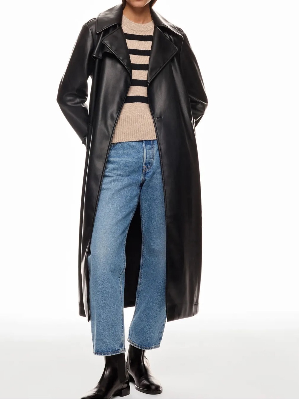 Derek Lam 10 Crosby x RTR Black Faux Leather Trench Coat Belted Midi Jacket M